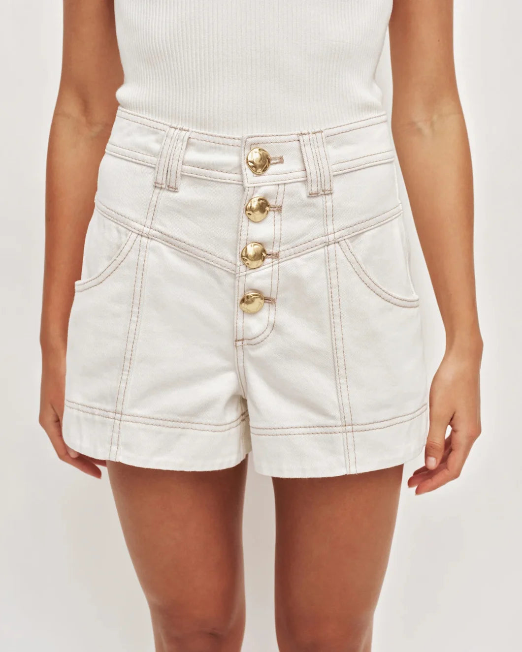 AJE Liliana Denim Short ivory on figure front 1
