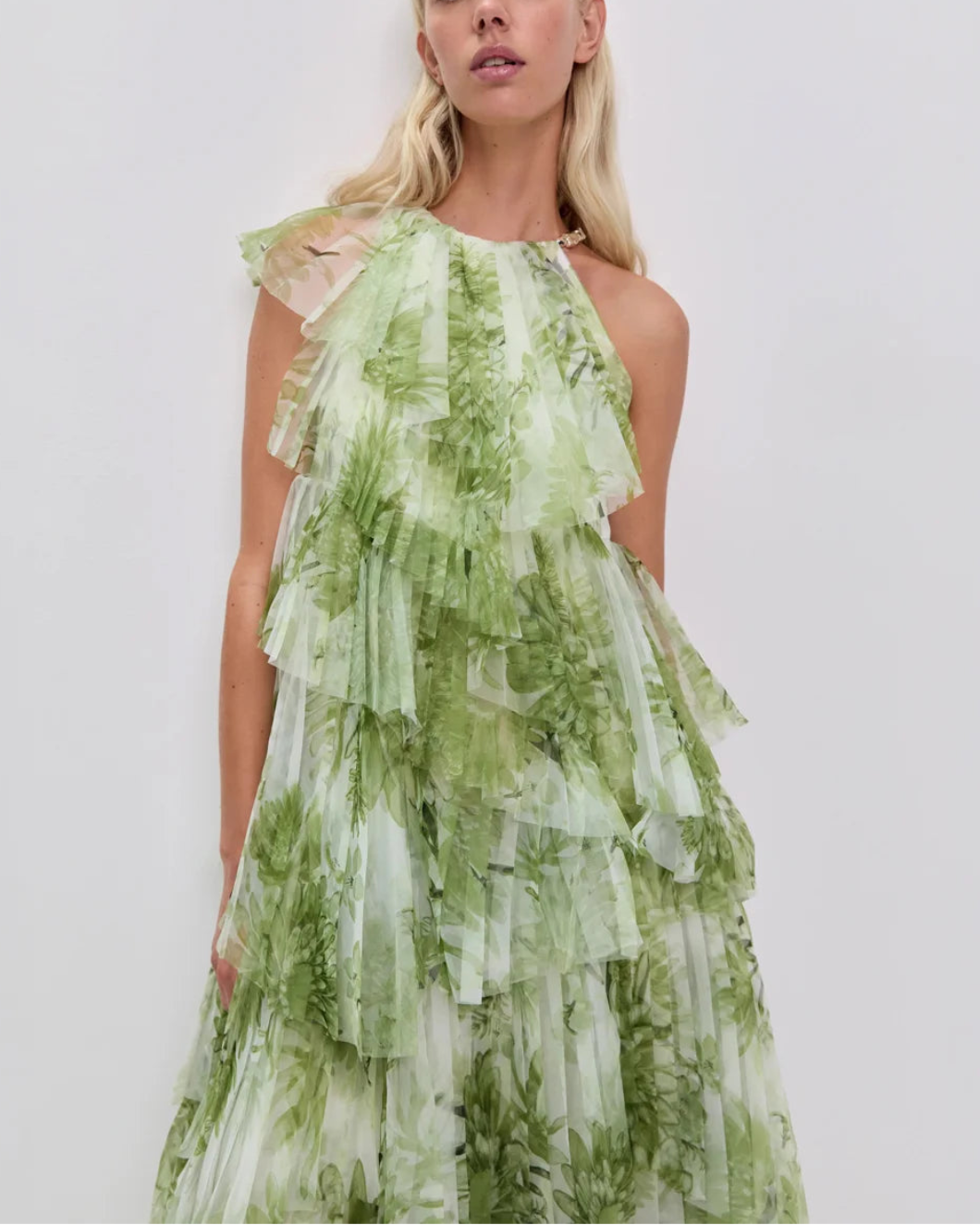 AJE Westlyn gown Olive Native Floral on figure front