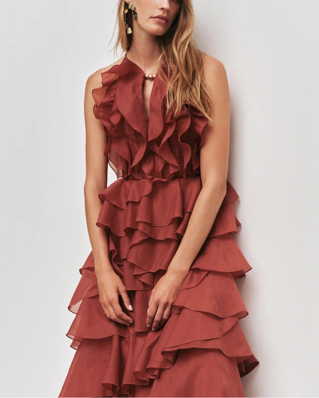 AJE cleo gown red on figure front