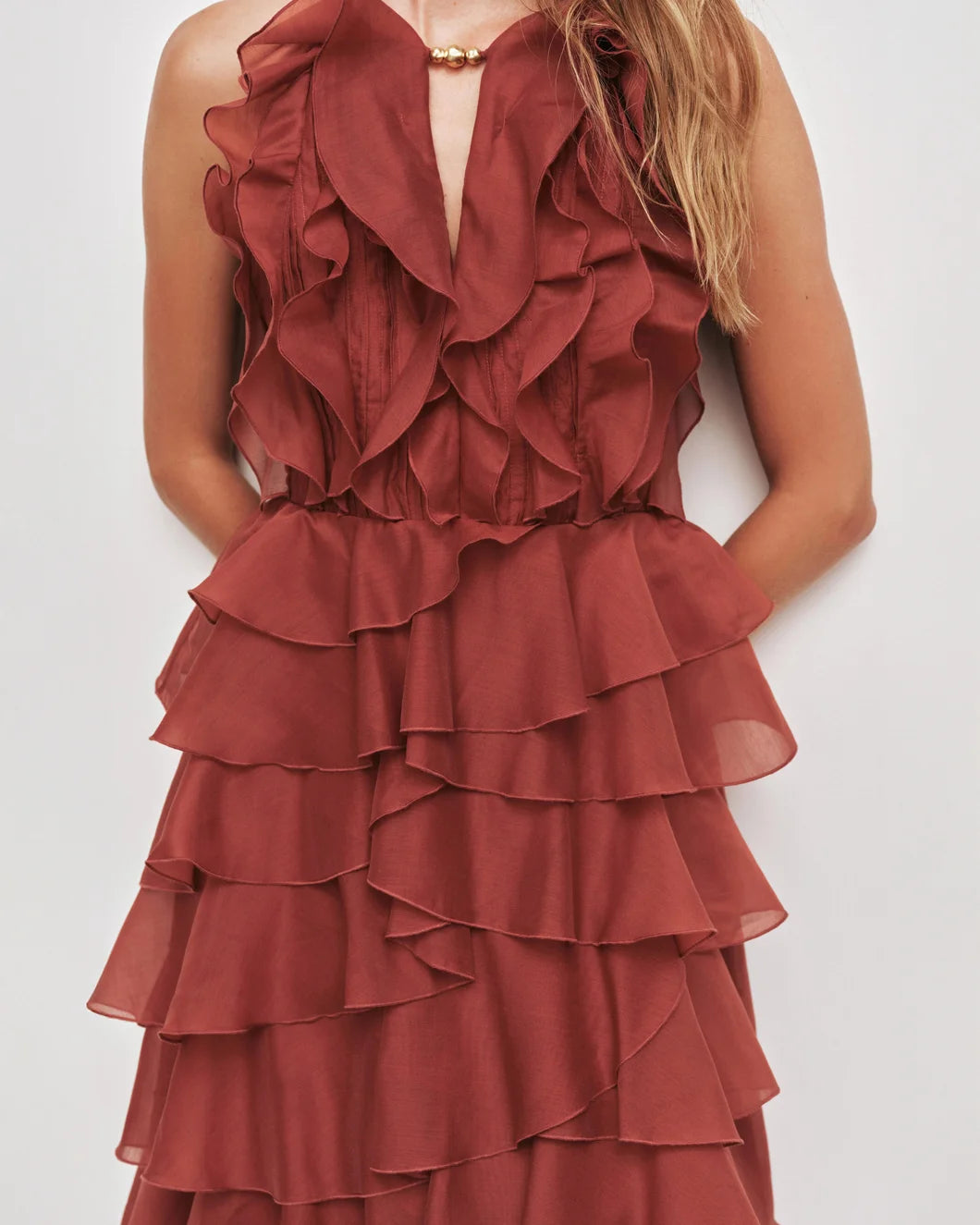 AJE cleo gown red on figure front detail