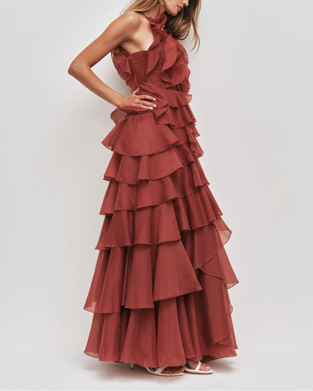 AJE cleo gown red on figure side