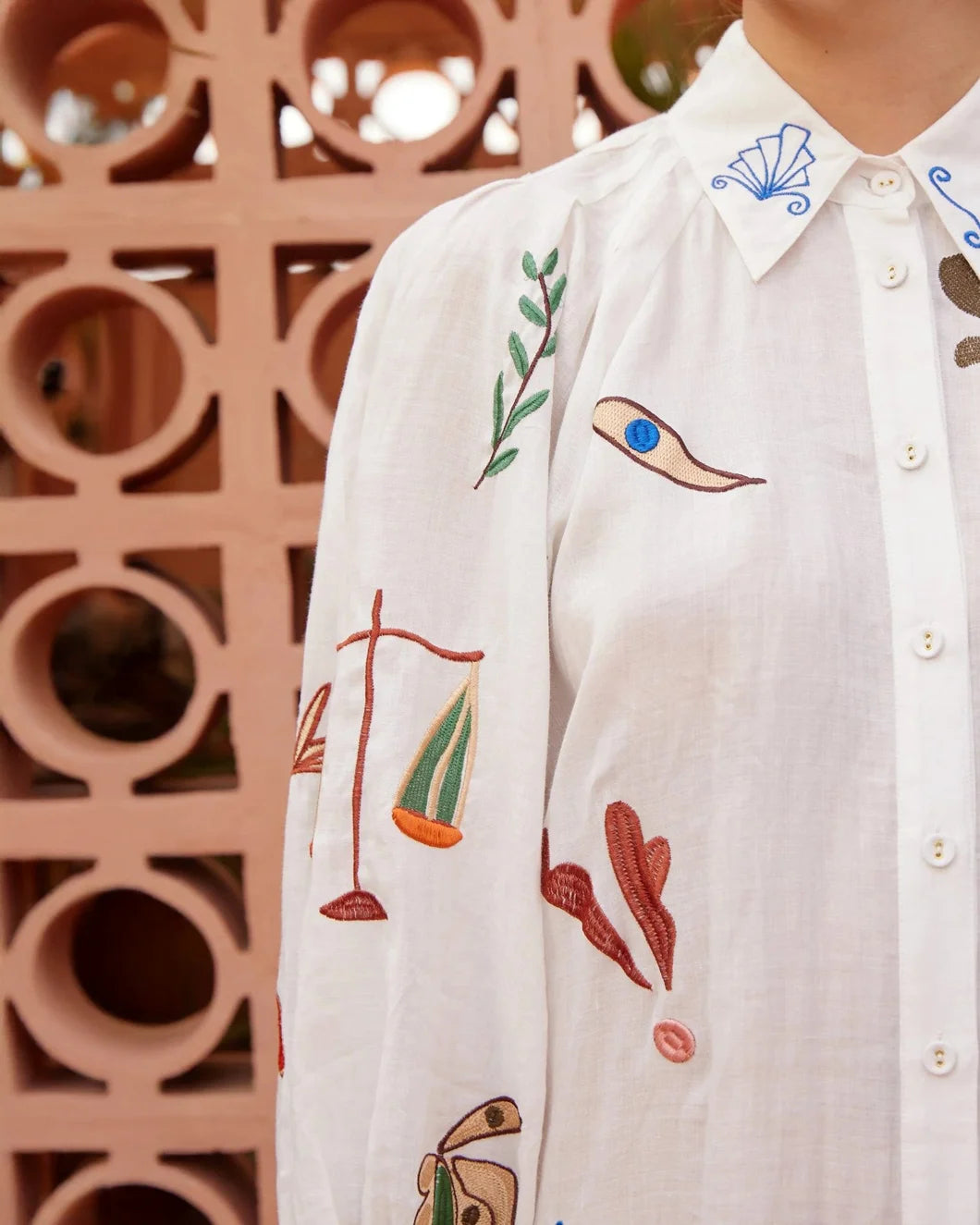 ALEMAIS mina embroidered shirtdress cream on figure front detail