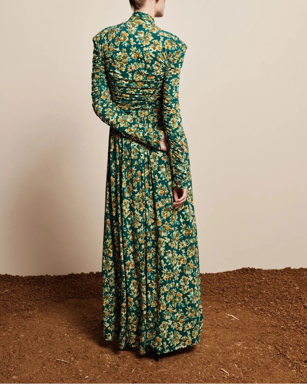 ALEMAIS Clem Ruched Midi Dress on figure back