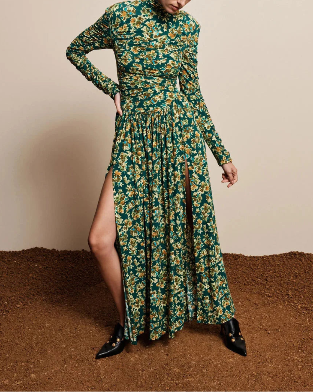 ALEMAIS Clem Ruched Midi Dress on figure front 1