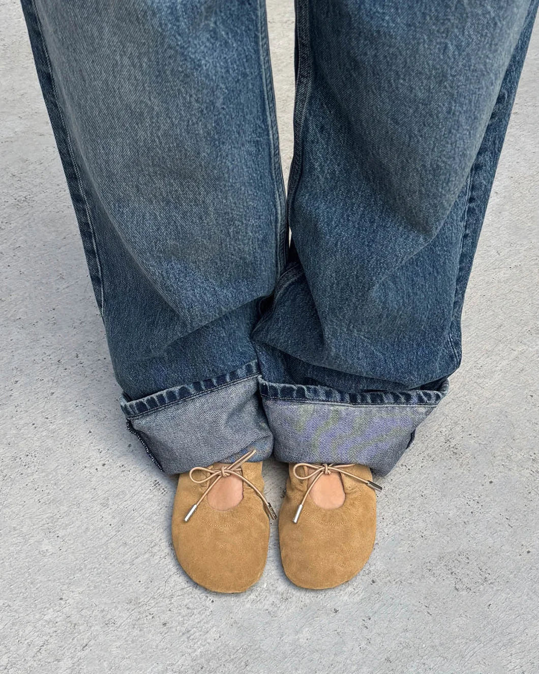 ALOHAS Rosalind Suede Tan Ballet Flats on figure front