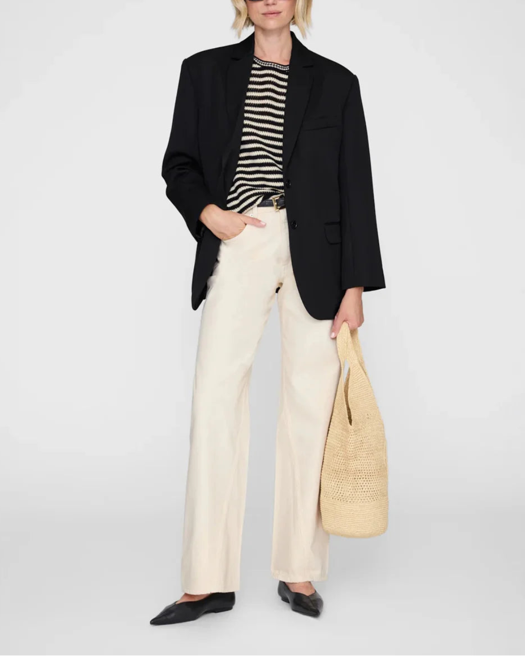 ANINE BING Theo Sweater black and ivory stripe on figure front 1