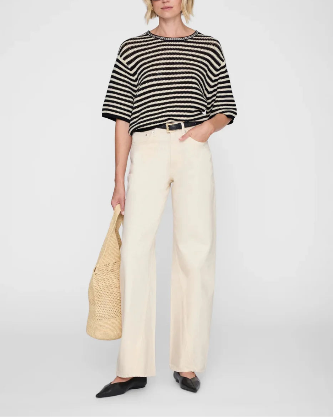 ANINE BING Theo Sweater black and ivory stripe on figure front