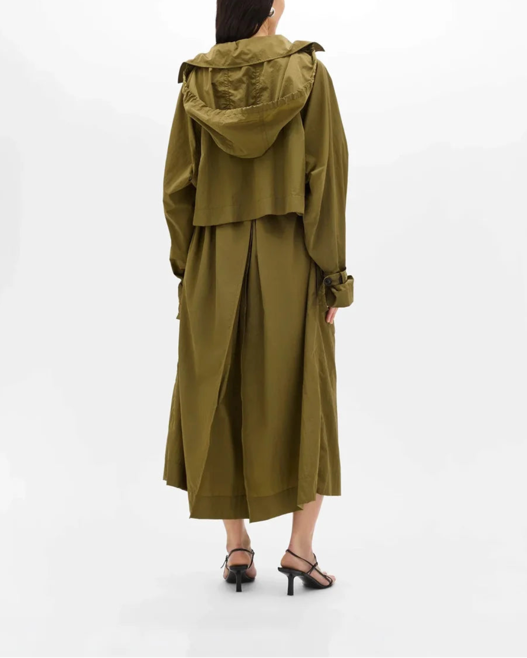 ANOTHER TOMORROW Recycled Nylon Trench Olive on figure back