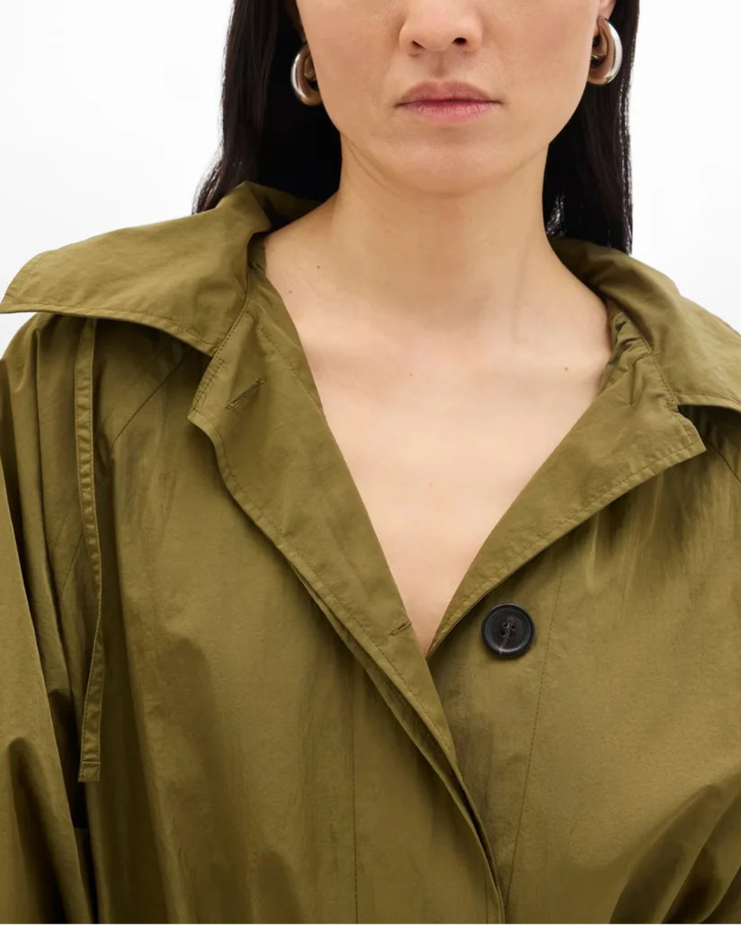 ANOTHER TOMORROW Recycled Nylon Trench Olive on figure front