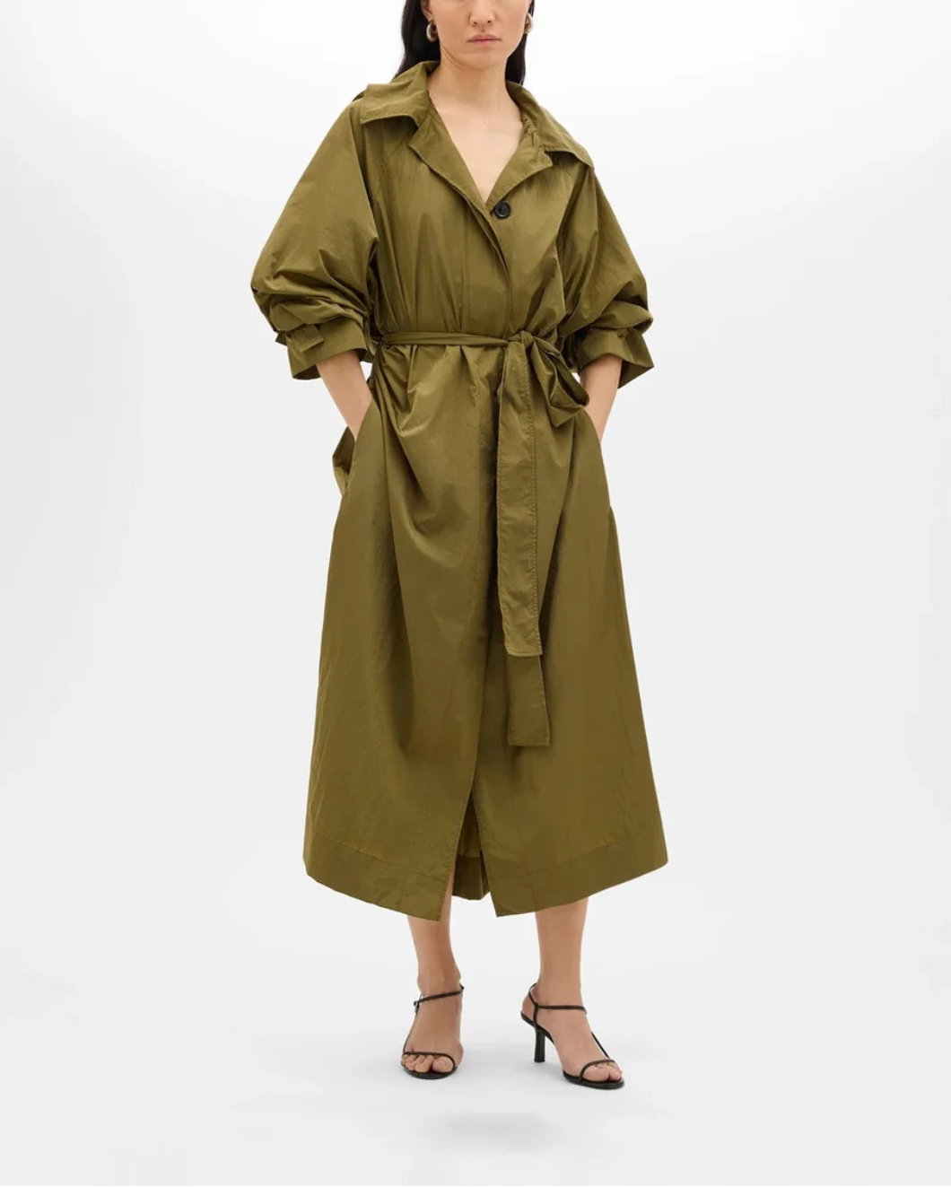 ANOTHER TOMORROW Recycled Nylon Trench Olive on figure front