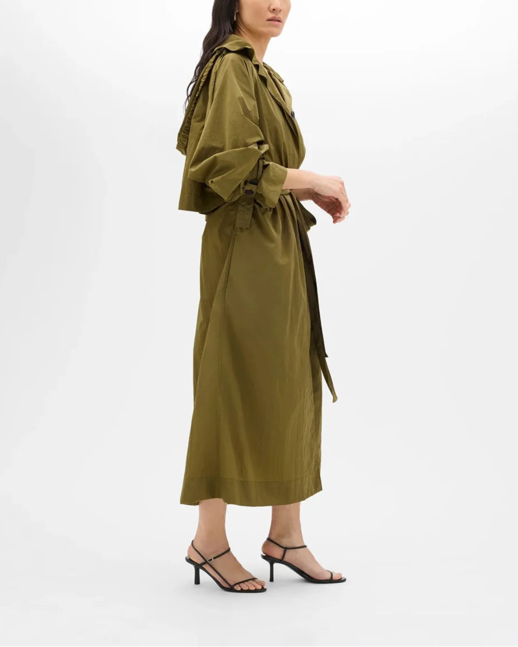 ANOTHER TOMORROW Recycled Nylon Trench Olive on figure side