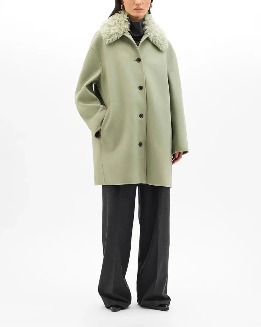 ANOTHER TOMORROW Fur Collar Balmacaan celad on figure front