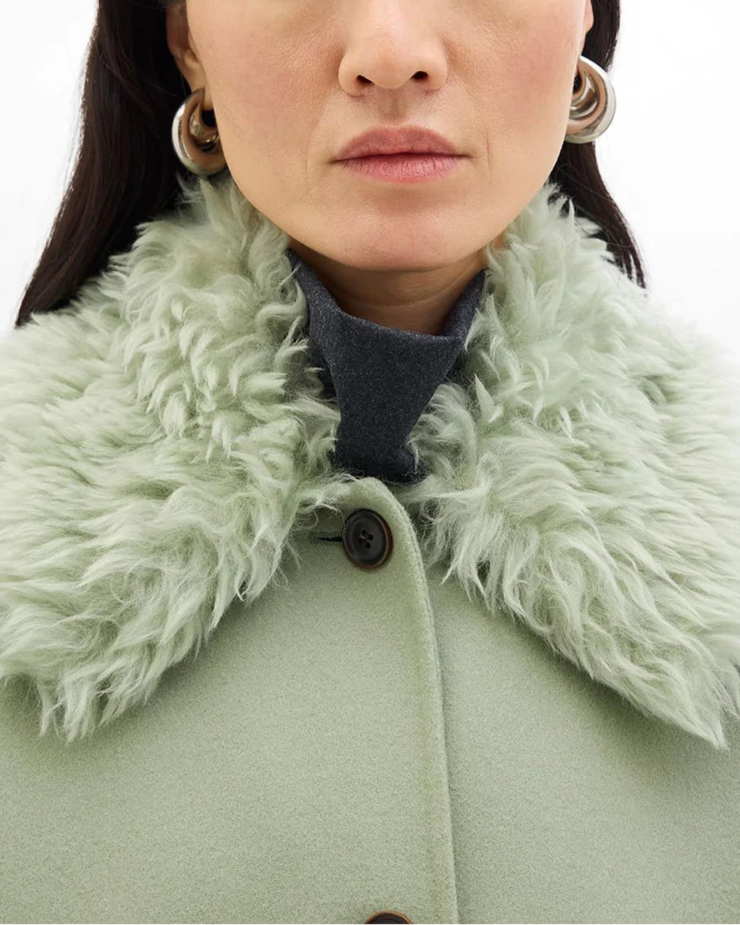 ANOTHER TOMORROW Fur Collar Balmacaan celad on figure front detail