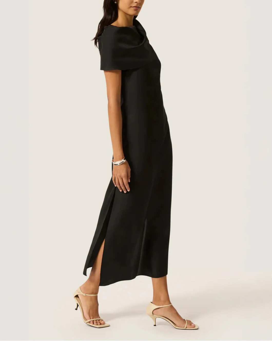 ARGENT Funnel Neck Dress in Silk Twill on figure side