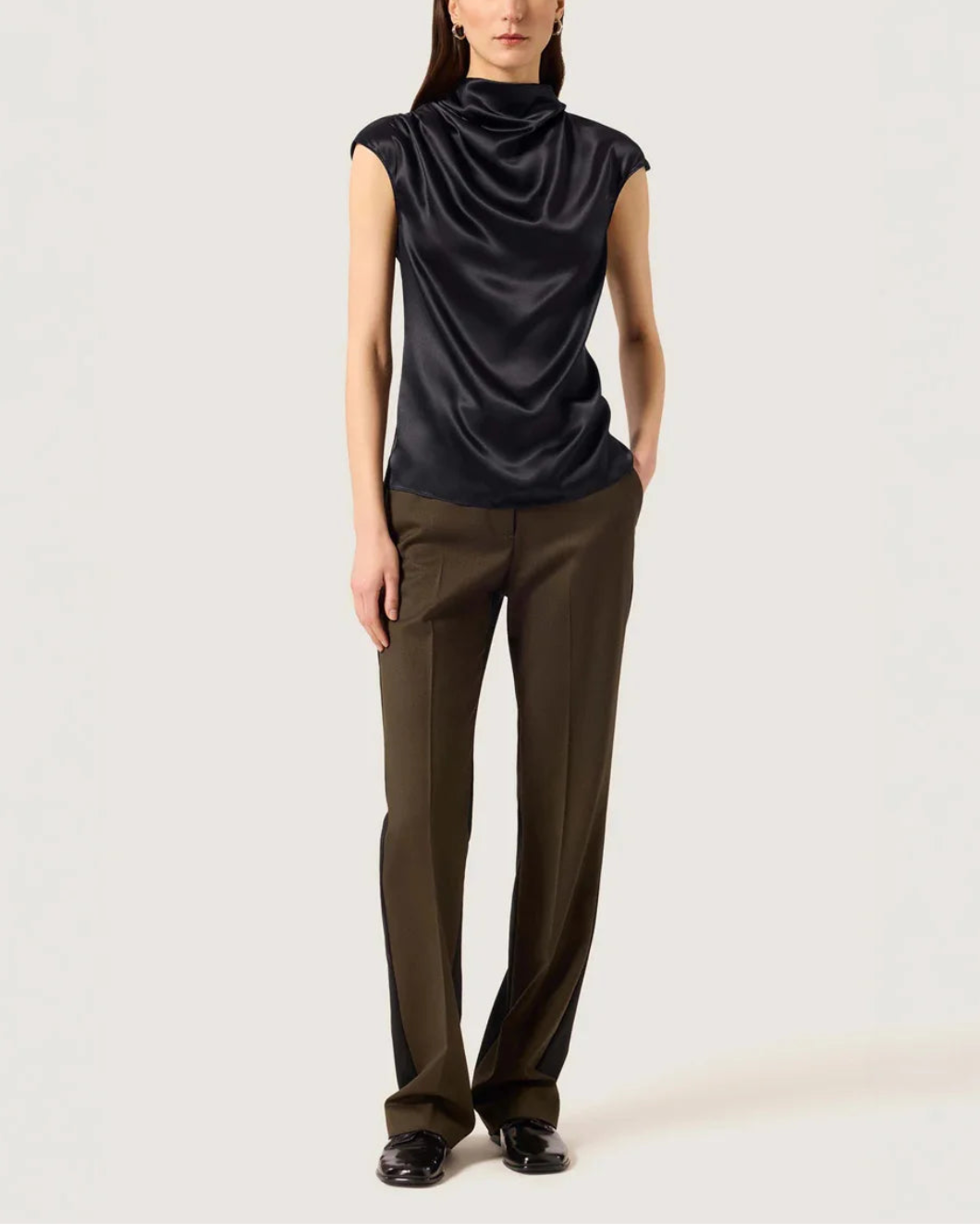 ARGENT Ruched Blouse in Silk Charmeuse on figure front