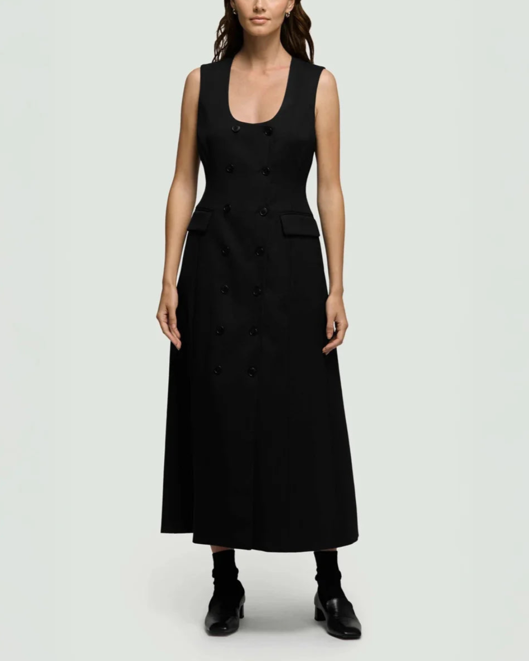 ARGENT Scoop Neck Double Breasted Dress black on figure front