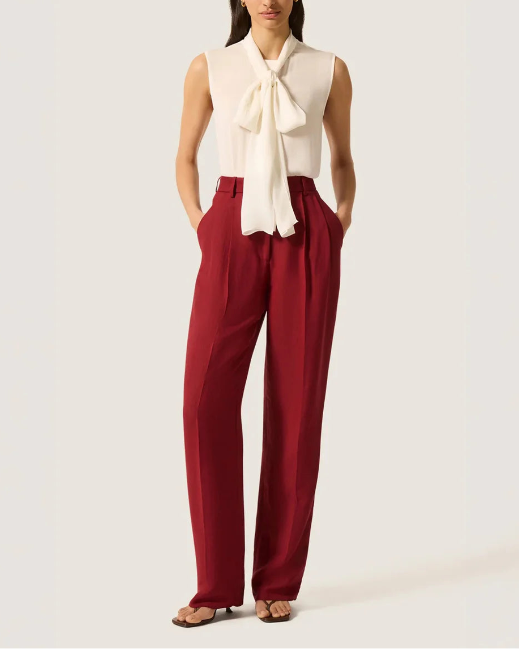 ARGENT Sleeveless Bow Blouse in Silk Double Georgette ivory on figure front 1