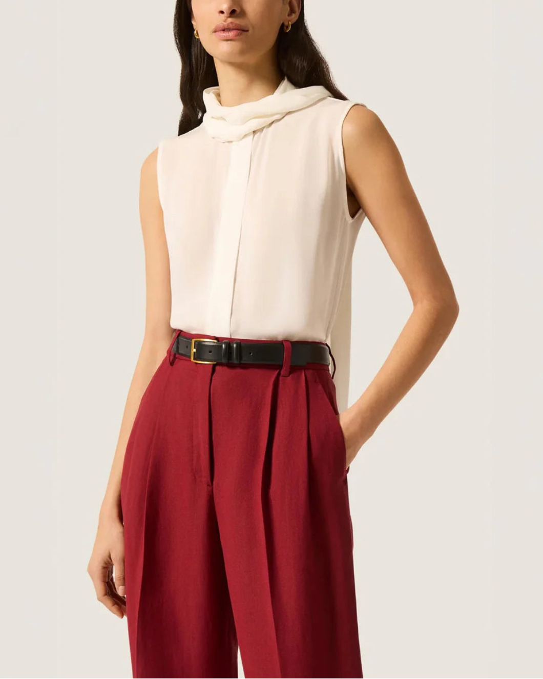 ARGENT Sleeveless Bow Blouse in Silk Double Georgette ivory on figure front 2