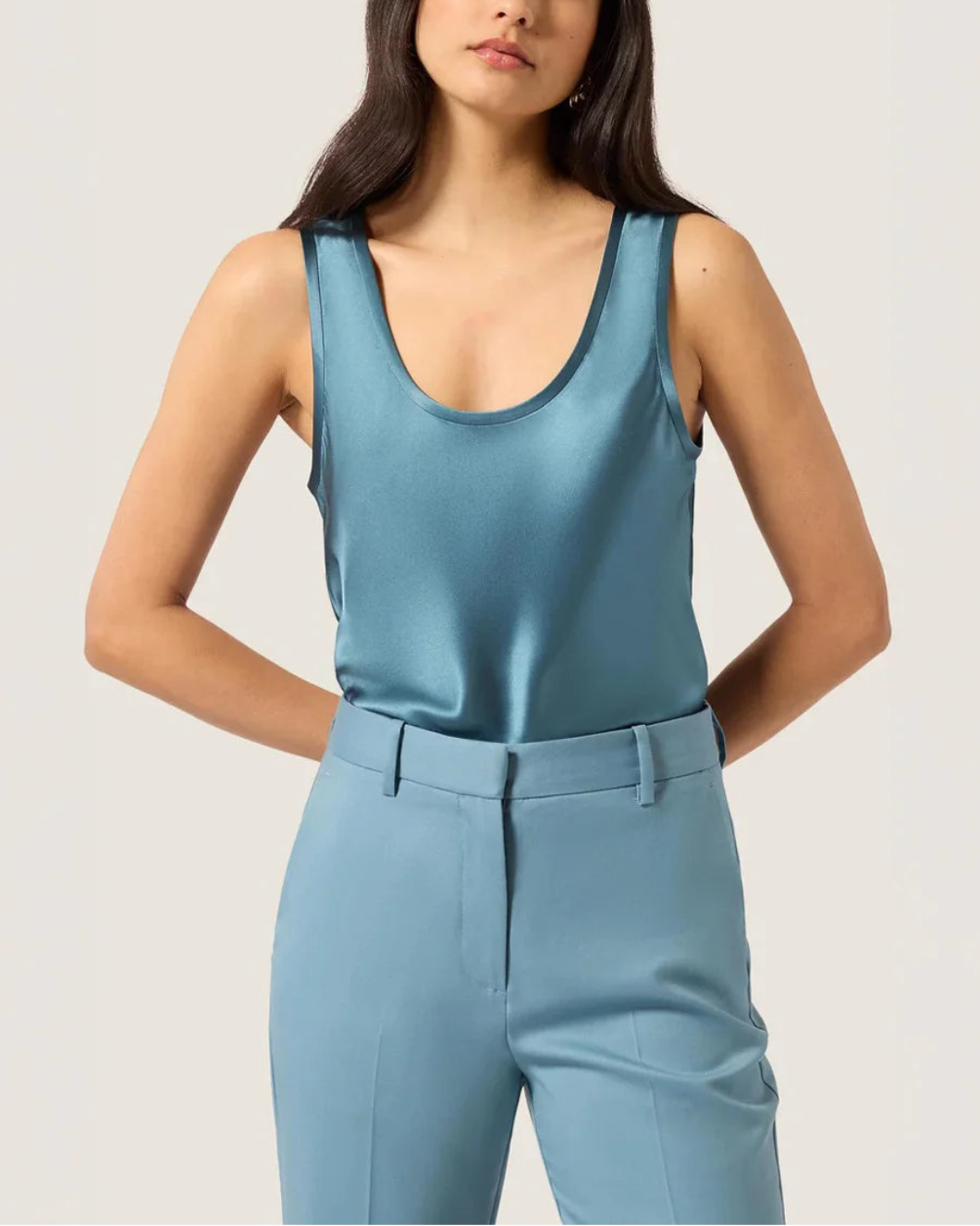 ARGENT Tank in Silk Charmeuse Steel Blue on figure front 1