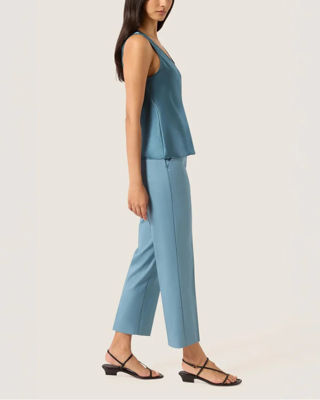 ARGENT Tank in Silk Charmeuse Steel Blue on figure side