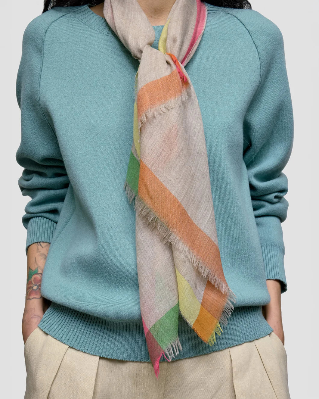 BEGG X CO Wispy Alyssa Cashmere Scarf Dark natural multi on figure front 2