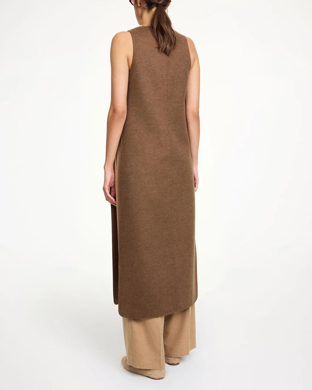 by malene birger florence sleeveless maxi wool side slit dress dark brown melange on model