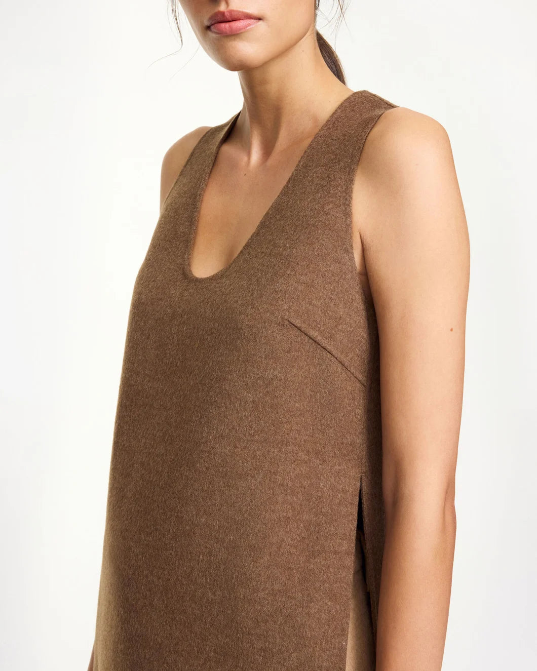 by malene birger florence sleeveless maxi wool high slit dress dark brown melange on model