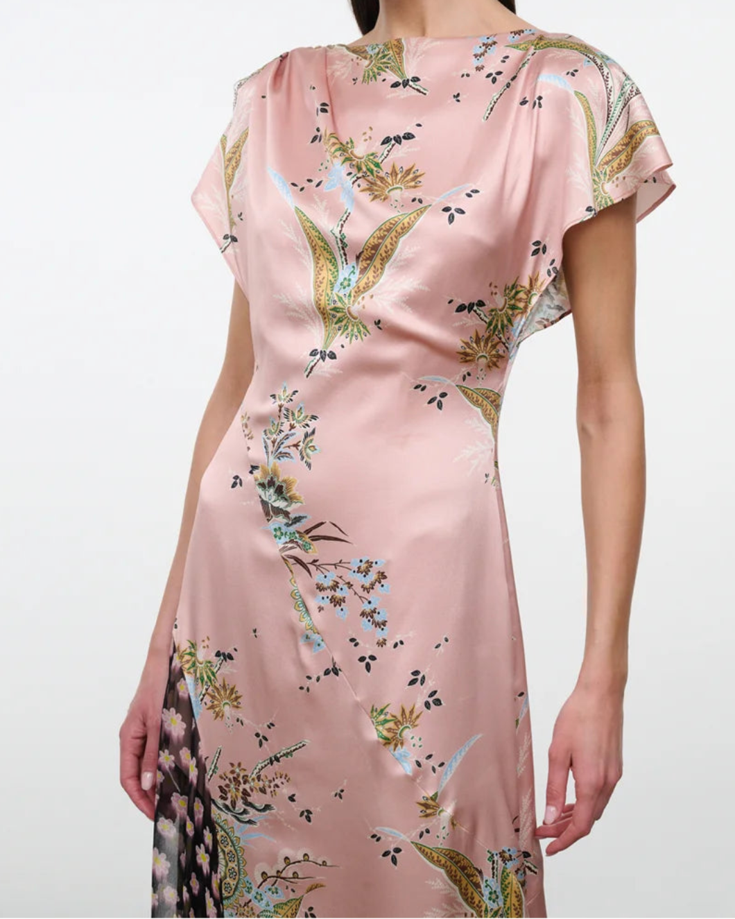 STAUD fawn silk Dress tapestry rose on figure front detail