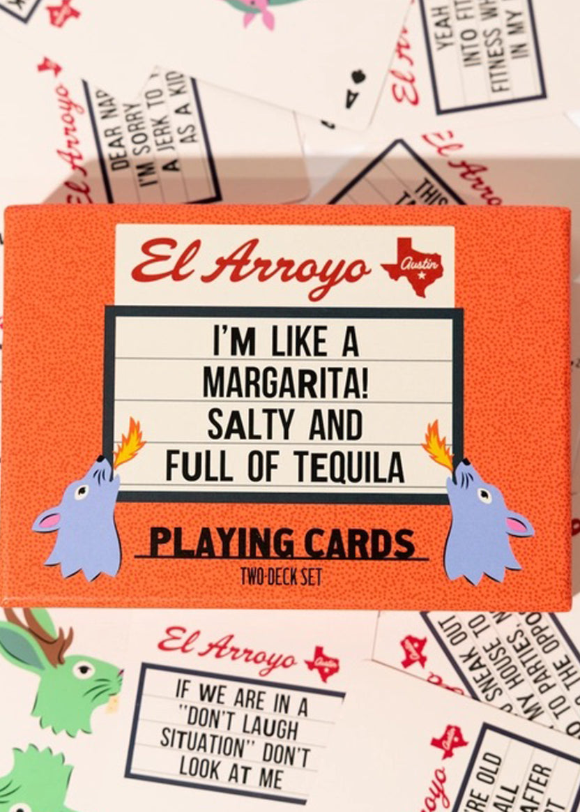El Arroyo playing cards packaging with text and graphics on a colorful background