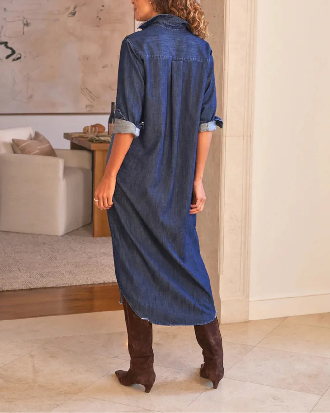FRANK AND EILEEN Rory Maxi Shirtdress Vintage Dark Indigo Wash on figure back