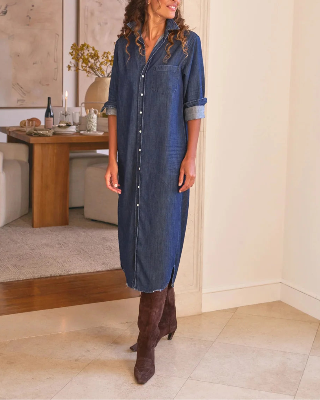 FRANK AND EILEEN Rory Maxi Shirtdress Vintage Dark Indigo Wash on figure front 1