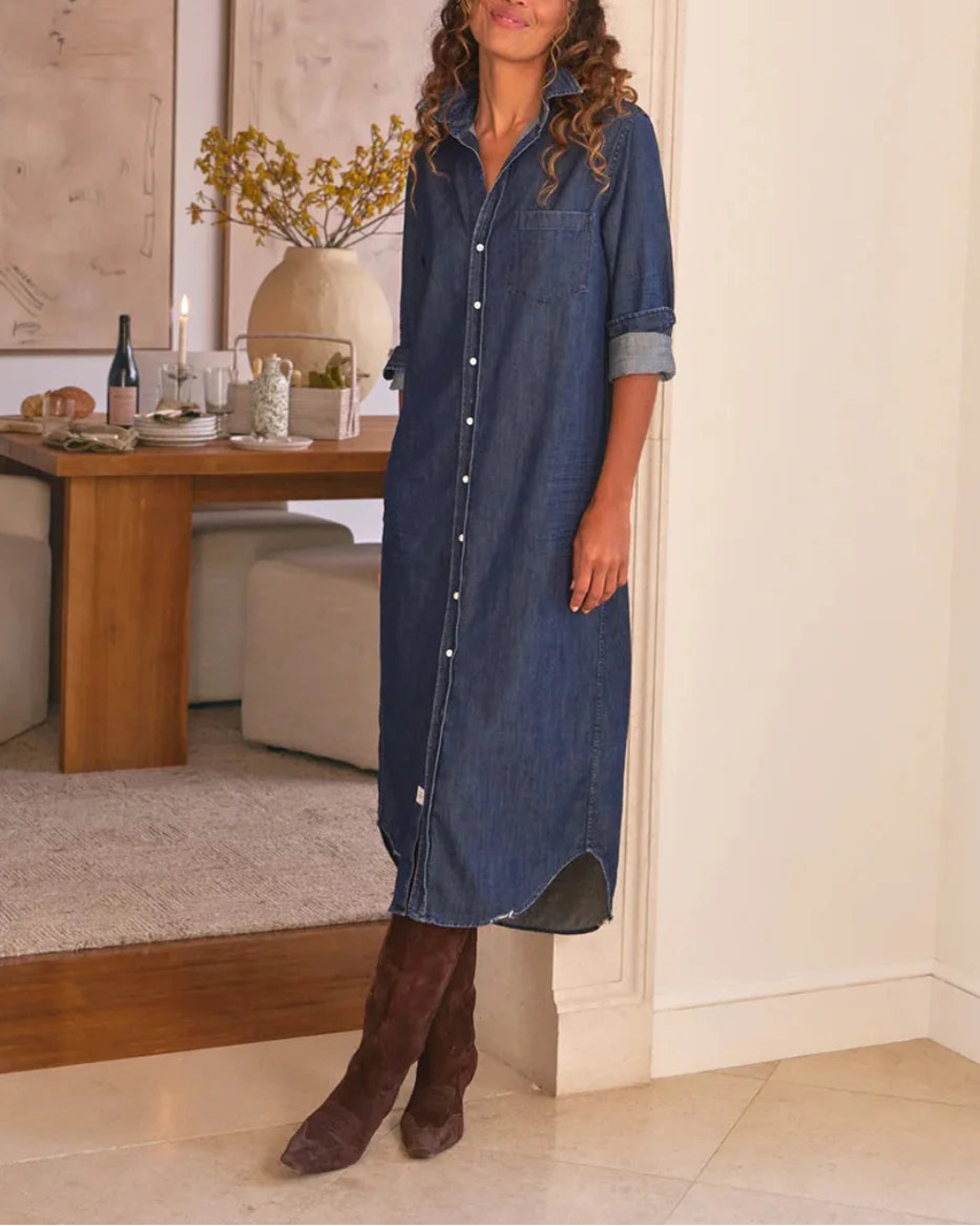 FRANK AND EILEEN Rory Maxi Shirtdress Vintage Dark Indigo Wash on figure front