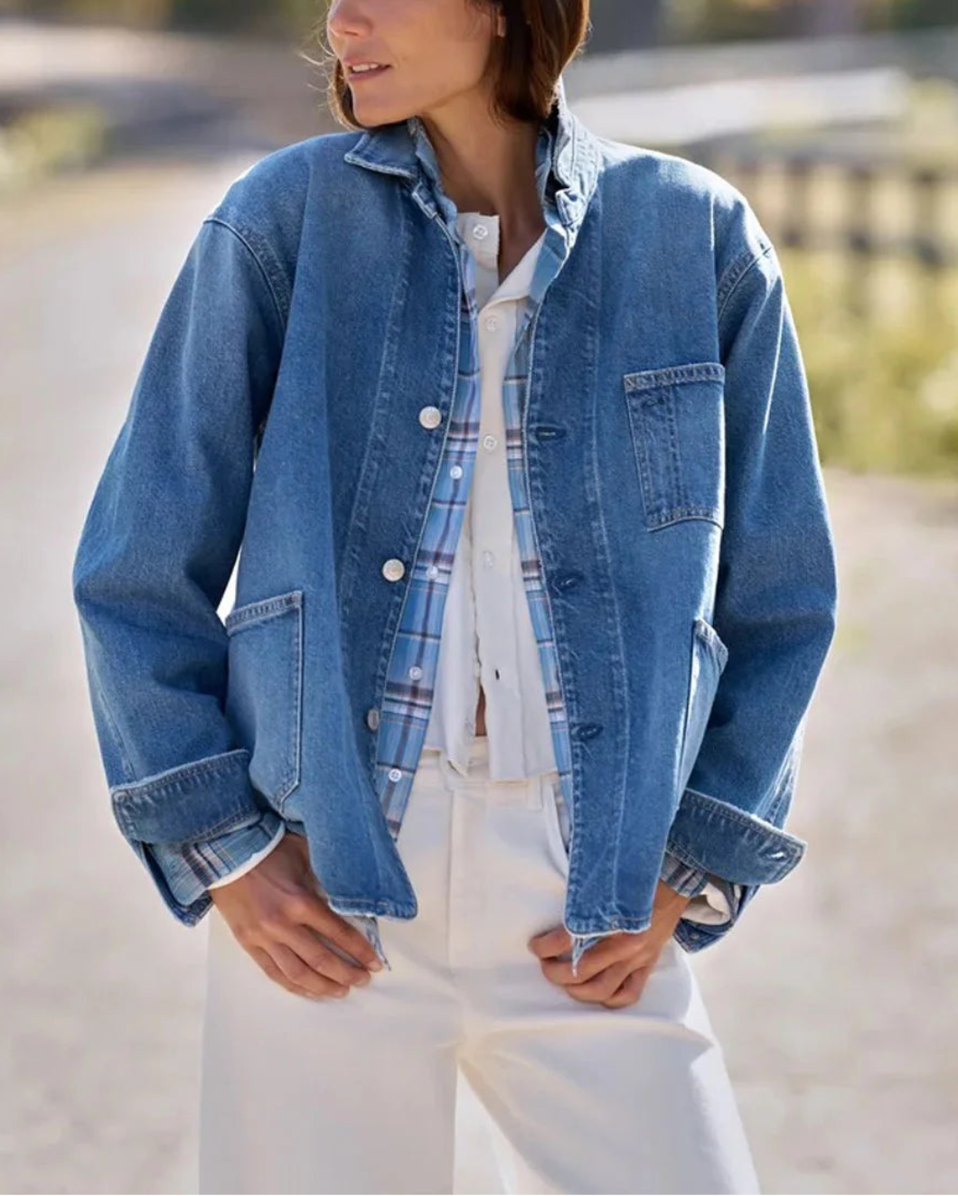 FRANK AND EILEEN Bantry Denim Jacket 1978 wash on figure front