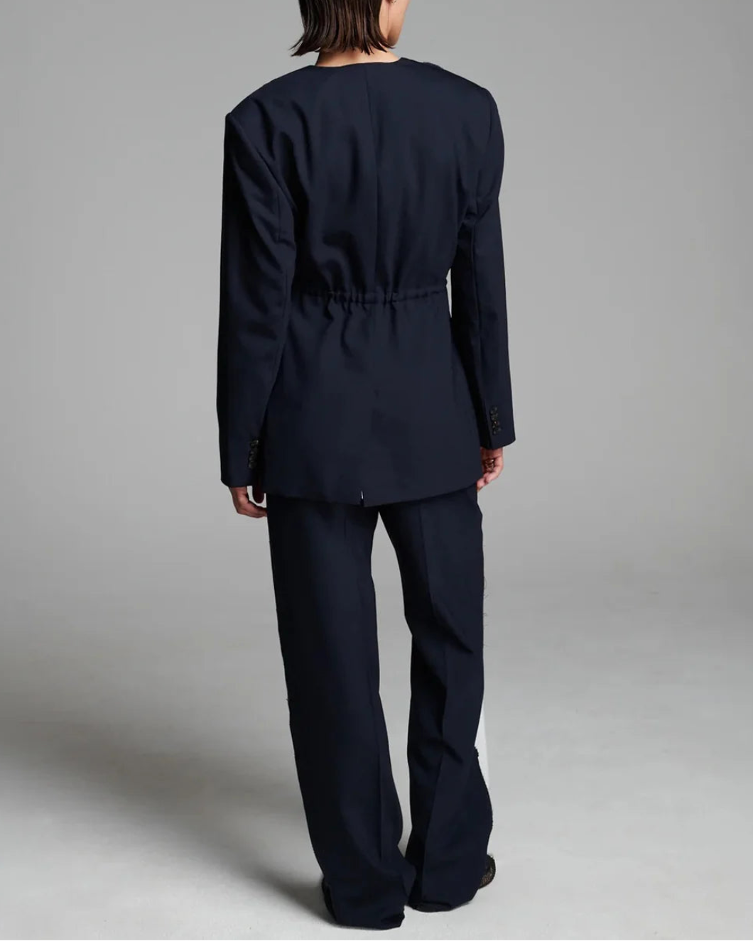 FRENKEN Cord Waisted Jacket Navy on figure back
