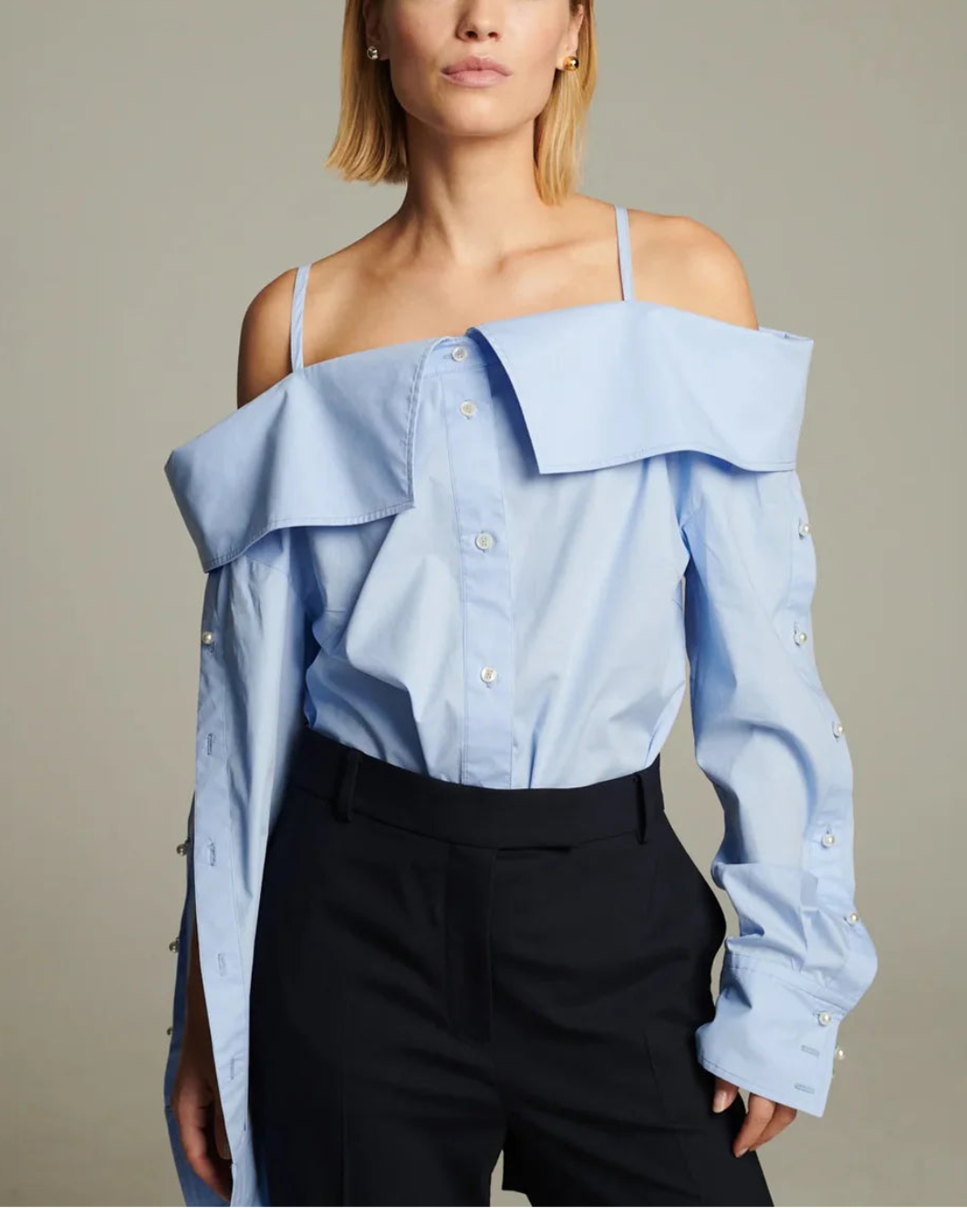 FRENKEN Snap Spagetti Strap Shirt Light Blue on figure front 1