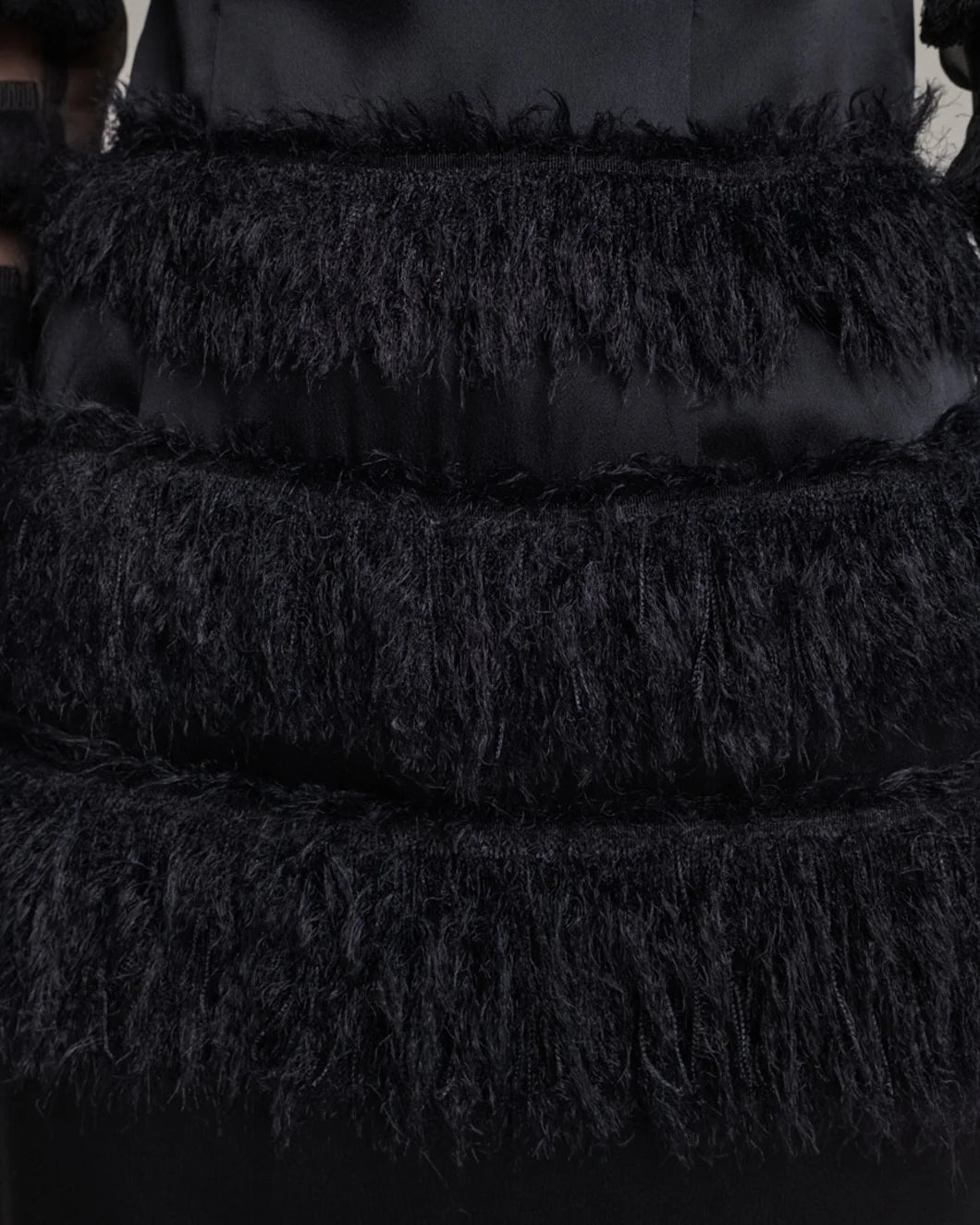FRENKEN combined fringe satin dress black on figure fringe detail