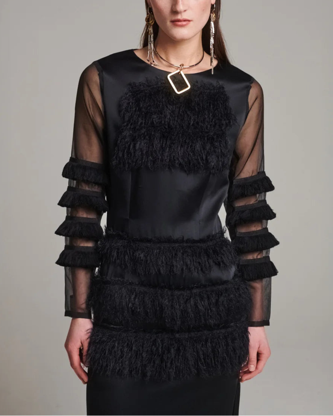 FRENKEN combined fringe satin dress black on figure front