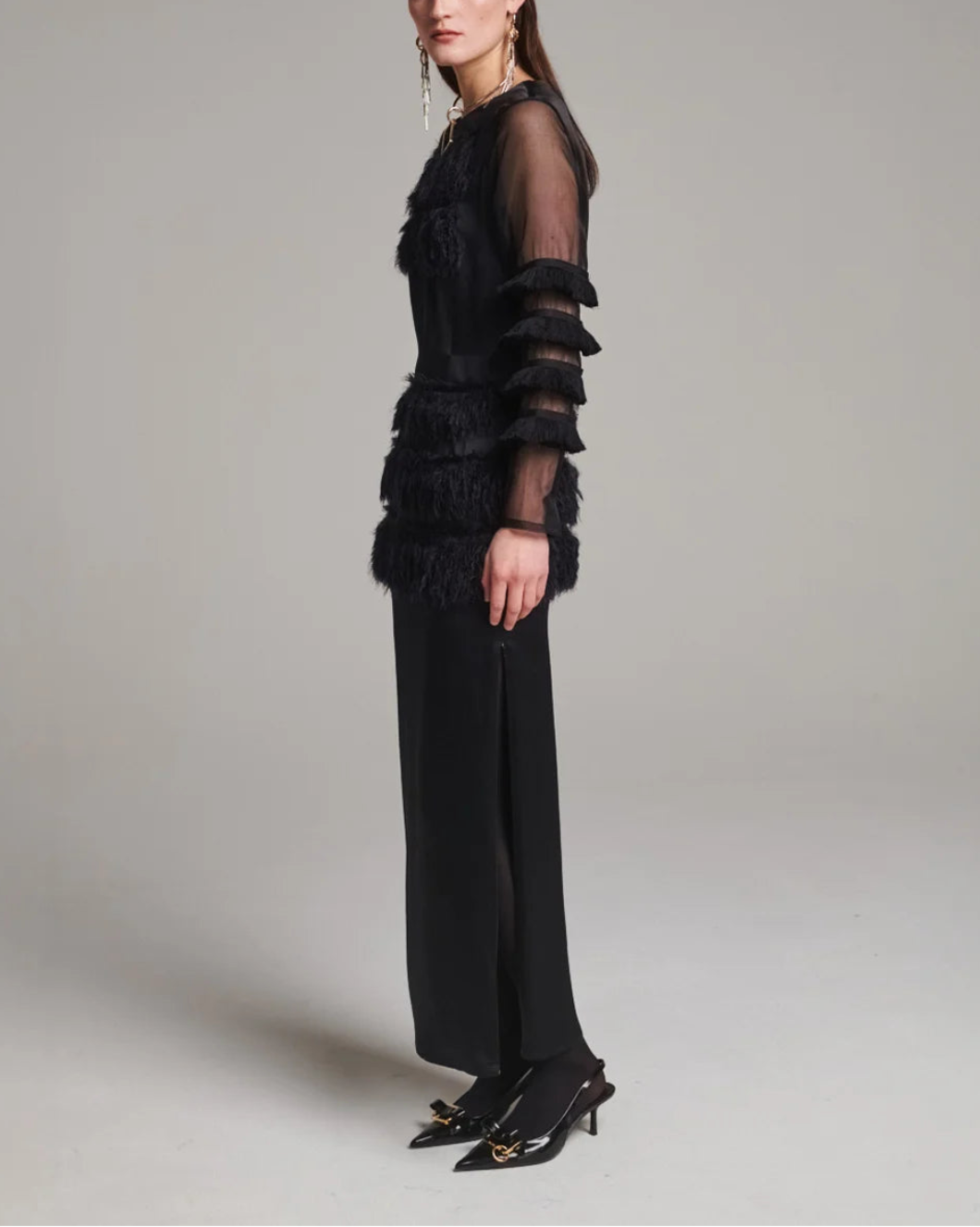 FRENKEN combined fringe satin dress black on figure side