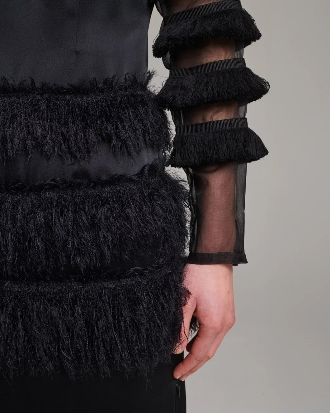 FRENKEN combined fringe satin dress black on figure sleeve detail