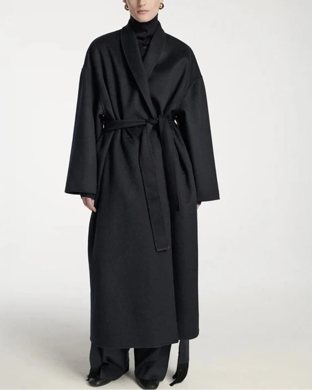 FRENKEN Trouble double face wool coat - Navy on figure front