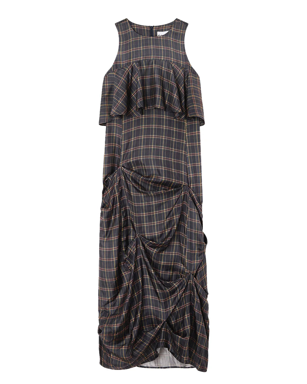 GANNI Check Ruffle Dress grey front isolated