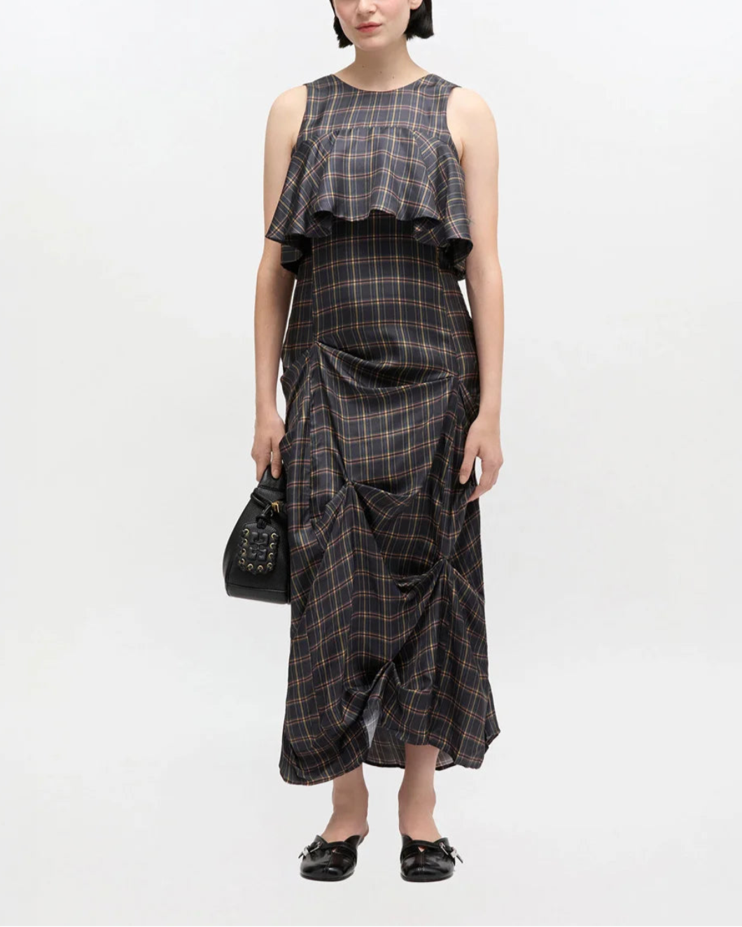 GANNI Check Ruffle Dress grey on figure front