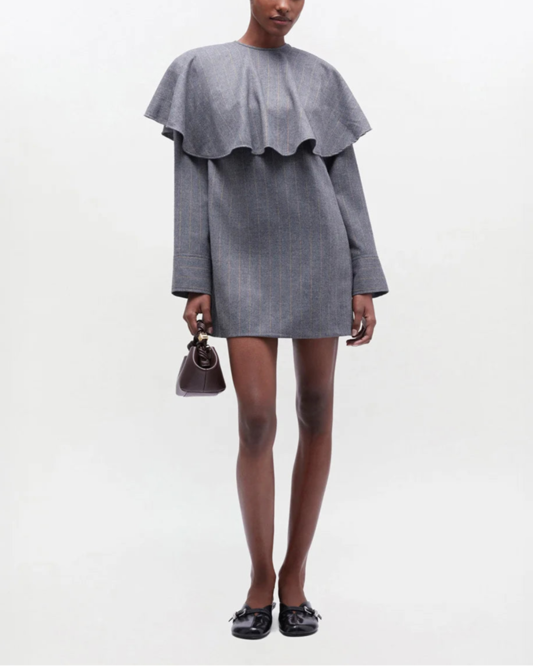 GANNI Grey Stripe Circle Collar Dress on figure front