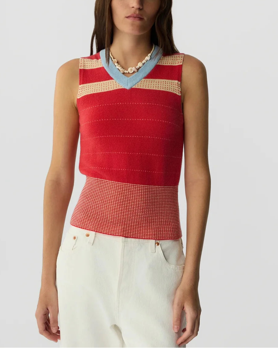 GUEST IN RESIDENCE Collegiate Stripe Vest SCARLET COMBO on figure front
