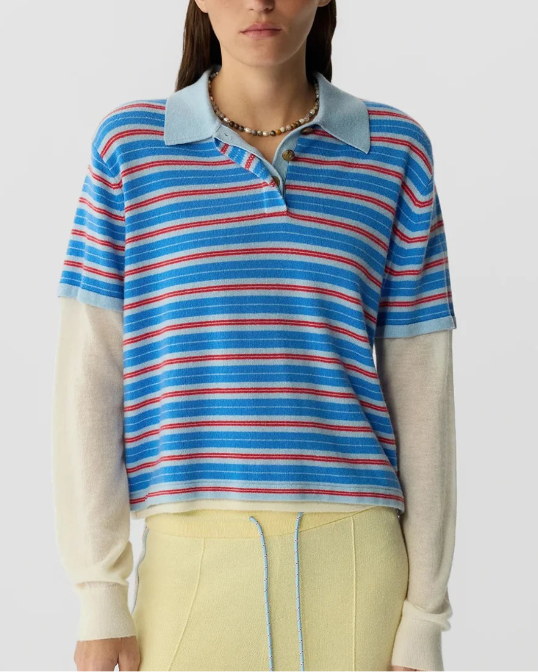 GUEST IN RESIDENCE Layered Stripe Rugby Cashmere clear sky combo on figure front 2