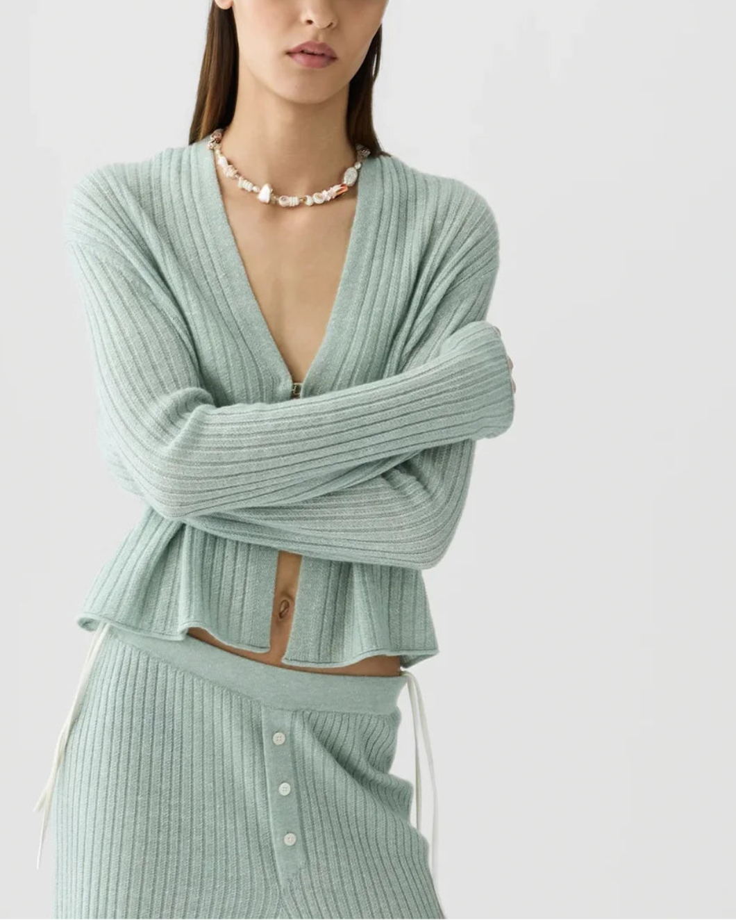 GUEST IN RESIDENCE Rib Stealth Cardigan Sage Brush on figure front 1