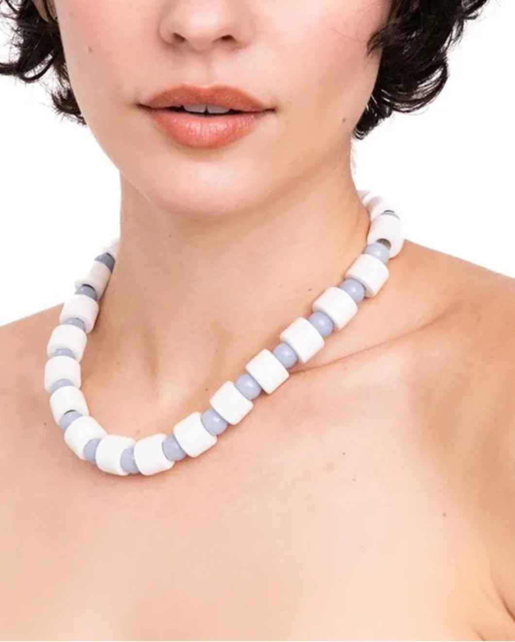 HER NEW TRIBE Blank & Blue Lace Agate Sundry Bead Two Necklace on figure front