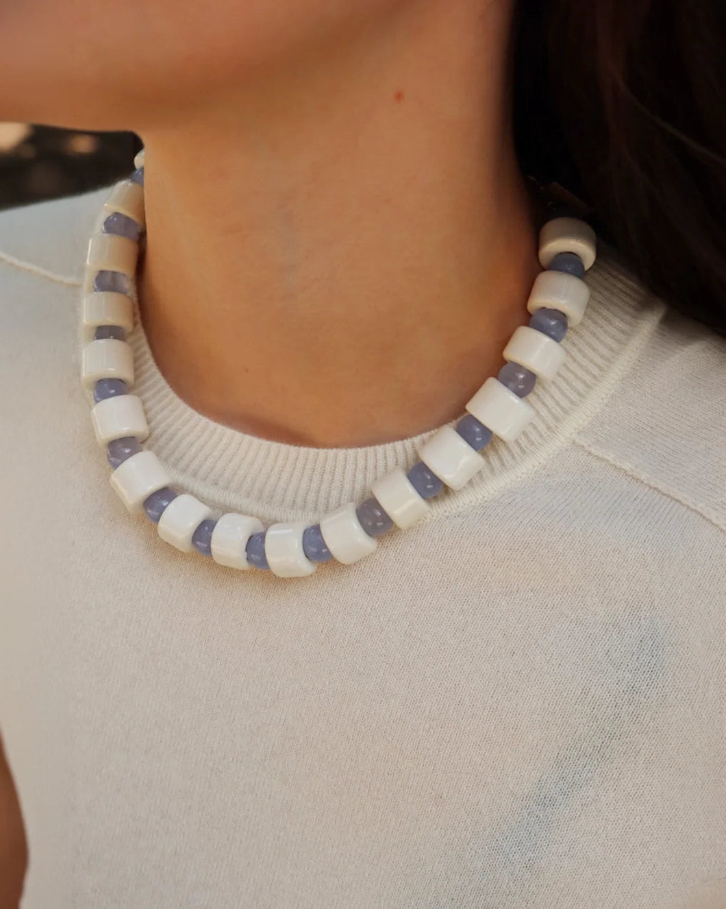 HER NEW TRIBE Blank & Blue Lace Agate Sundry Bead Two Necklace on figure front 4
