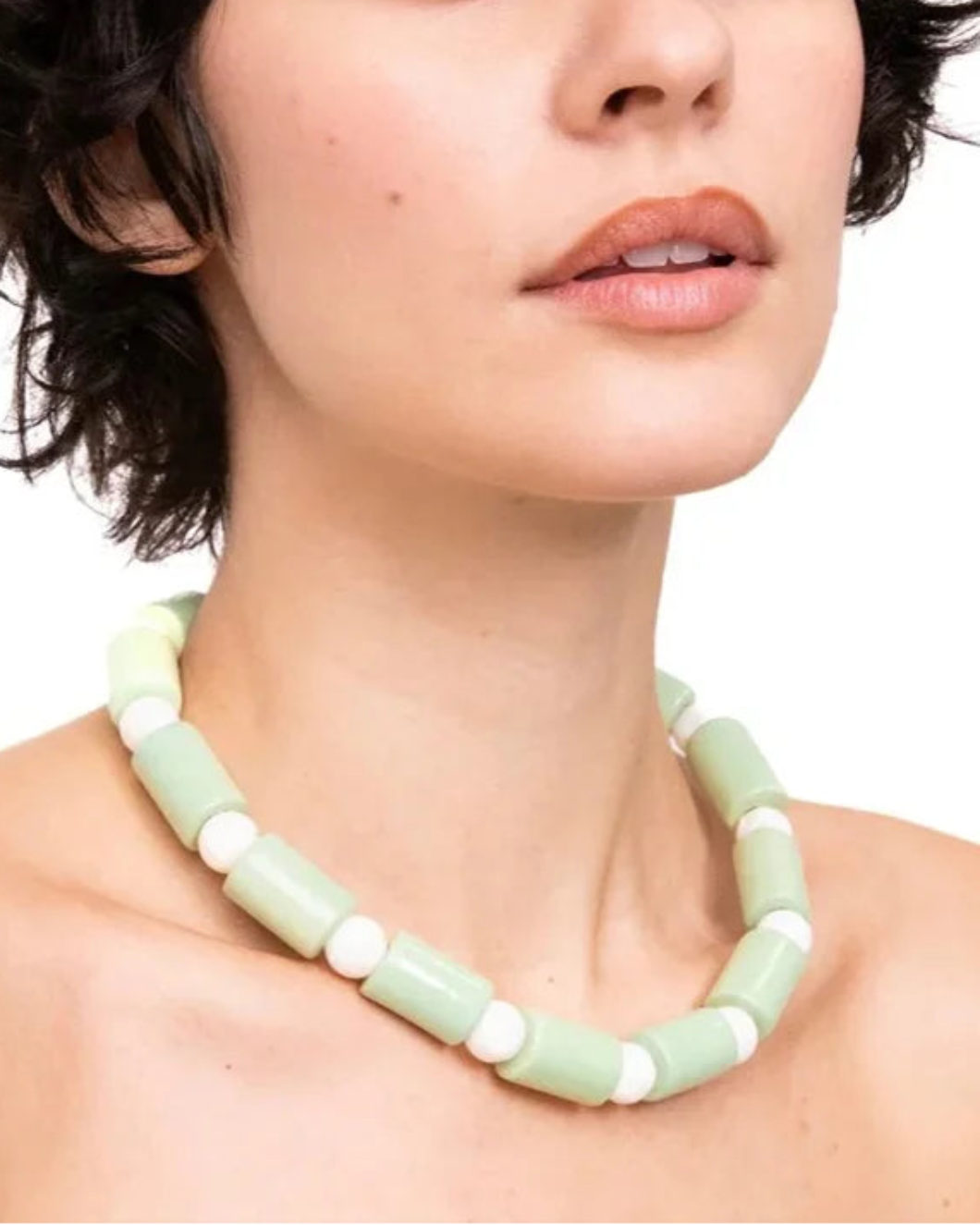HER NEW TRIBE ambrosia and mother of pearl sundry bead necklace on figure