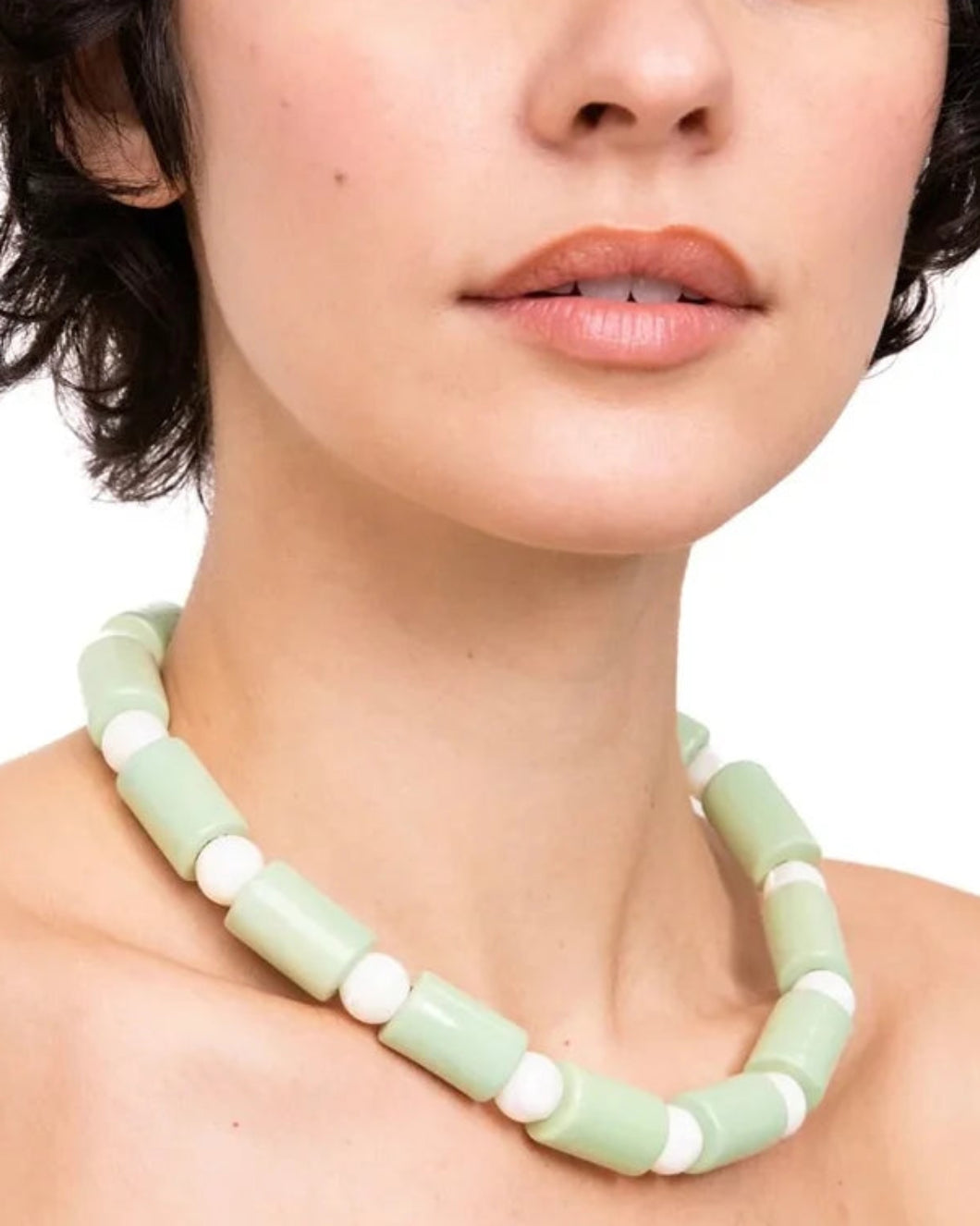 HER NEW TRIBE ambrosia and mother of pearl sundry bead necklace on figure